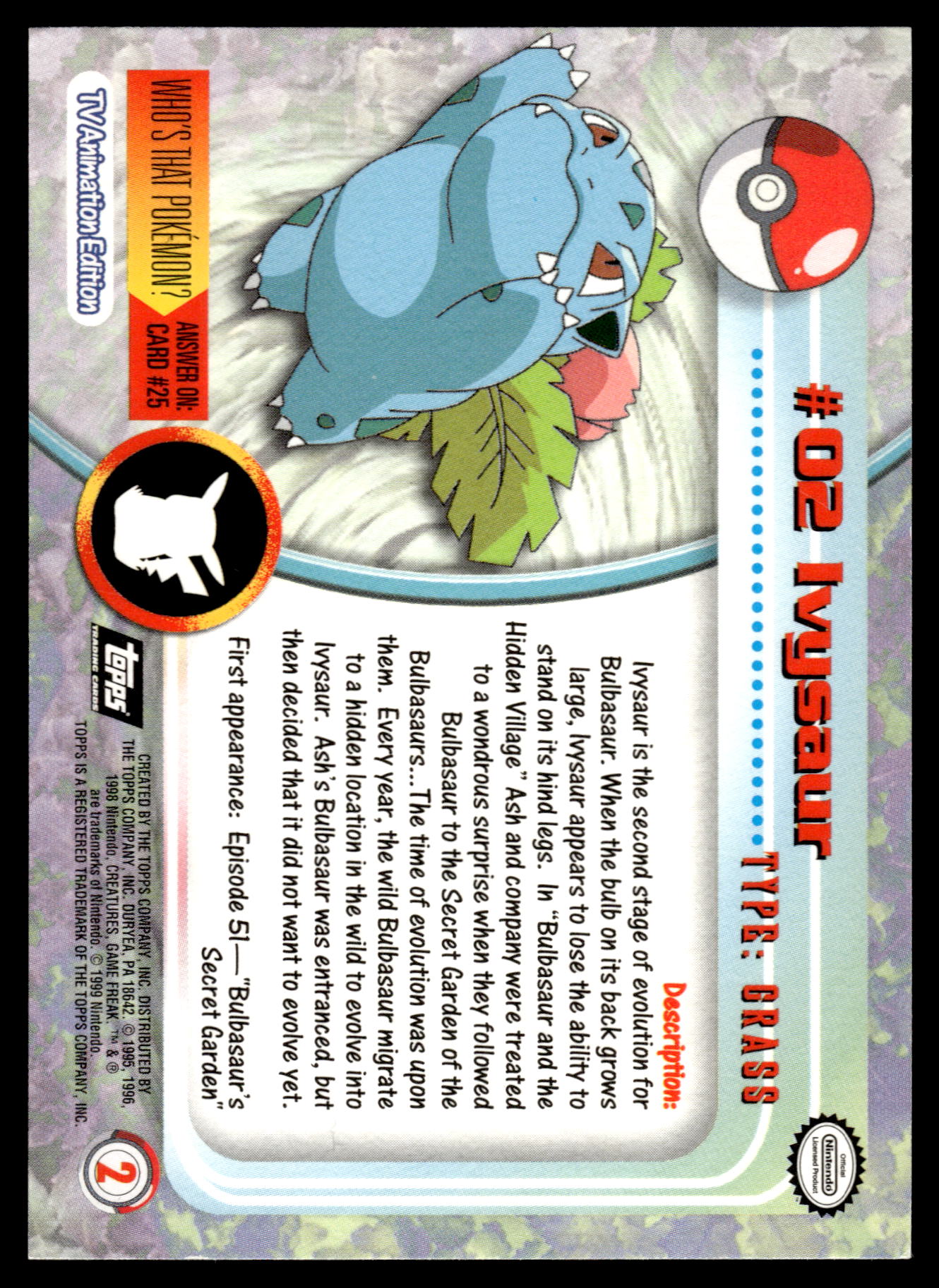 Ivysaur Holo #02 TOPPS TV Animation Pokemon [NM]