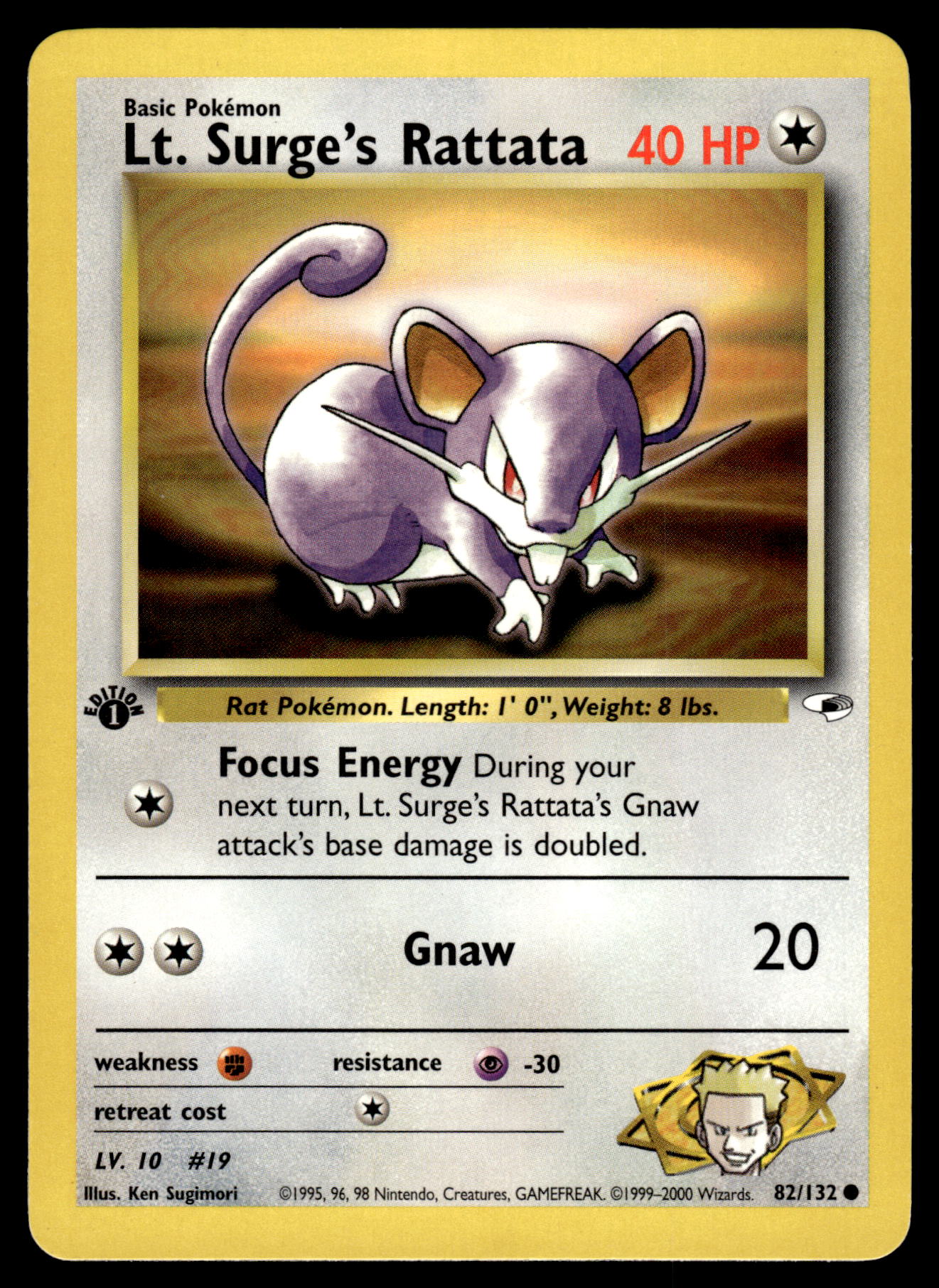 Lt. Surge's Rattata 82/132 WOTC Gym Heroes 1st Edition Pokemon [NM]