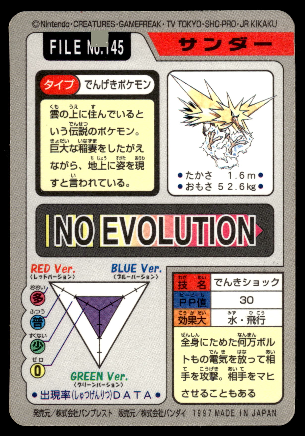 Zapdos Prism #145 1997 Carddass Pocket Monsters Japanese Pokemon [NM]