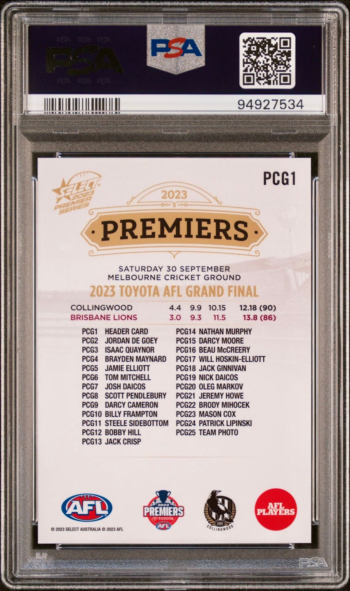 PSA 10 - Collingwood Team List #PCG01 2023 SELECT AFL Premier Series