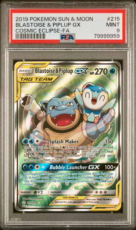 PSA 9 - Blastoise & Piplup GX 215/236 S&M Cosmic Eclipse - Pokemon