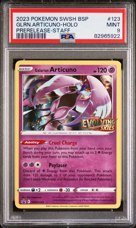 PSA 9 - Galarian Articuno SWSH123 STAFF Evolving Skies Prerelease - Pokemon