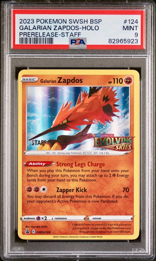 PSA 9 - Galarian Zapdos SWSH124 STAFF Evolving Skies Prerelease - Pokemon