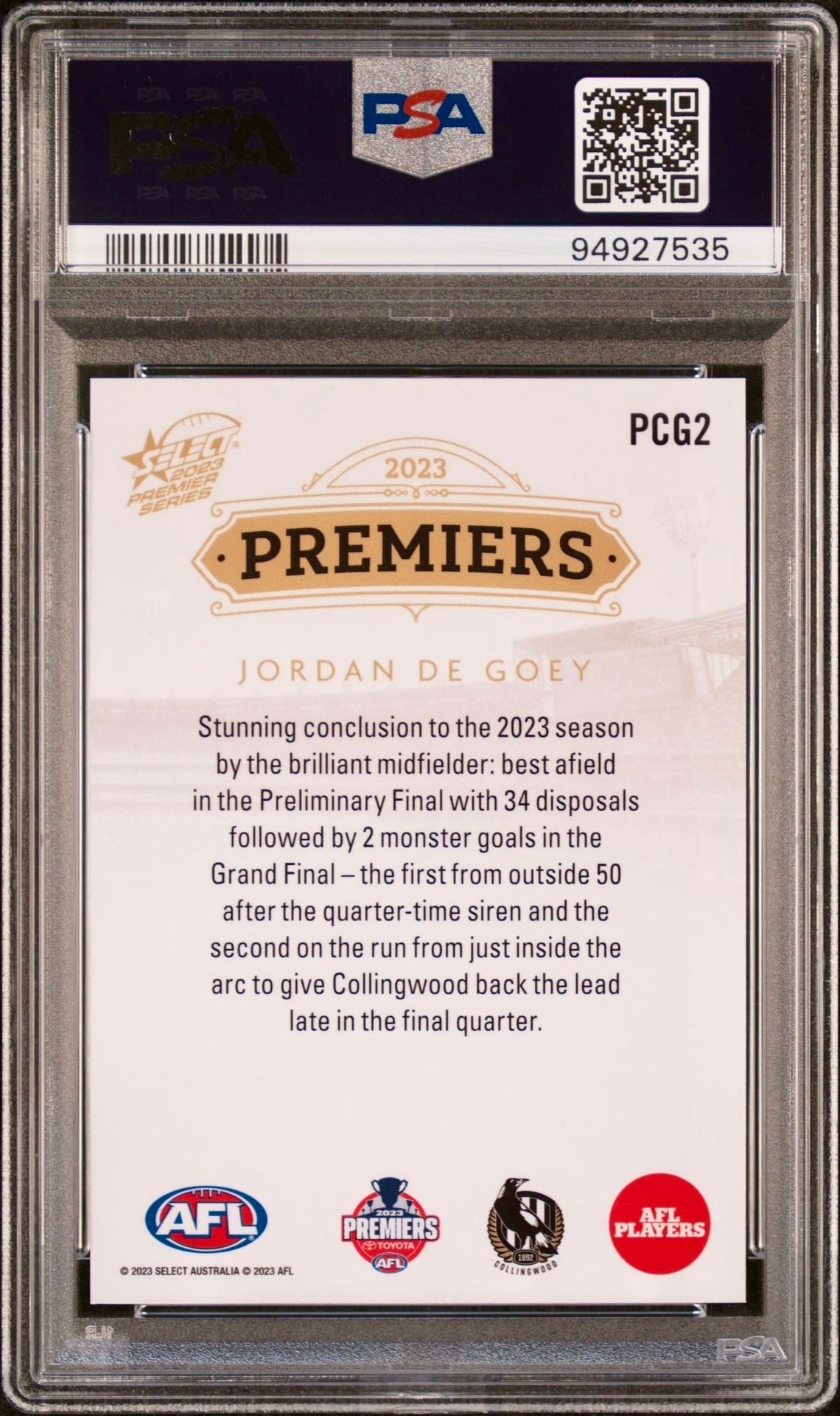 PSA 10 - Jordan De Goey #PCG02 2023 SELECT AFL Premier Series