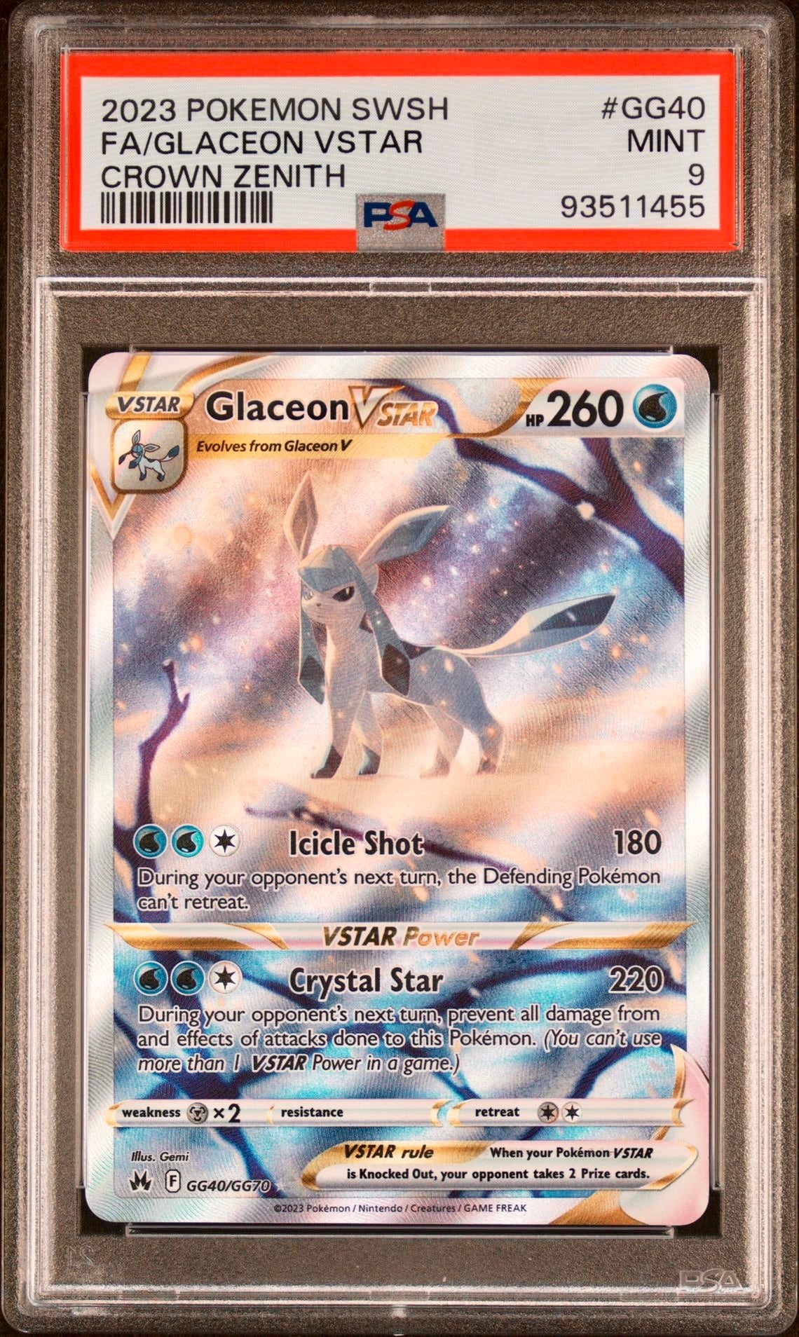 PSA 9 - Glaceon VSTAR GG40/GG70 SWSH Crown Zenith - Pokemon