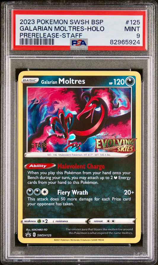 PSA 9 - Galarian Moltres SWSH125 STAFF Evolving Skies Prerelease - Pokemon