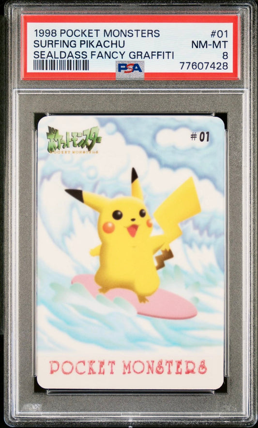 PSA 8 - Surfing Pikachu #01 Sealdass Fancy Graffiti 1998 Pocket Monsters - Pokemon