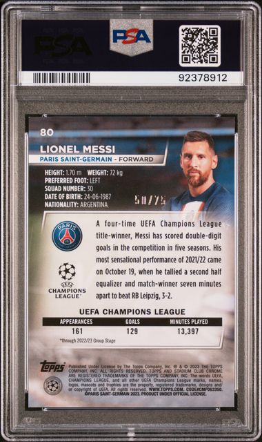 PSA 9 - Lionel Messi /75 2022-23 Stadium Club Chrome Sepia Prism #80 - Football