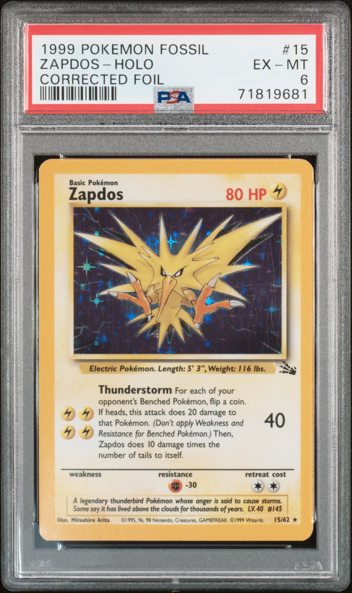 PSA 6 - Pokemon - Zapdos - Fossil Corrected Foil - 15/62