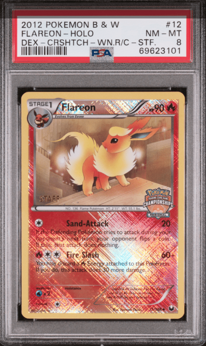 PSA 8 - Flareon 12/108 STAFF BW Dark Explorers Winter Regional - Pokemon