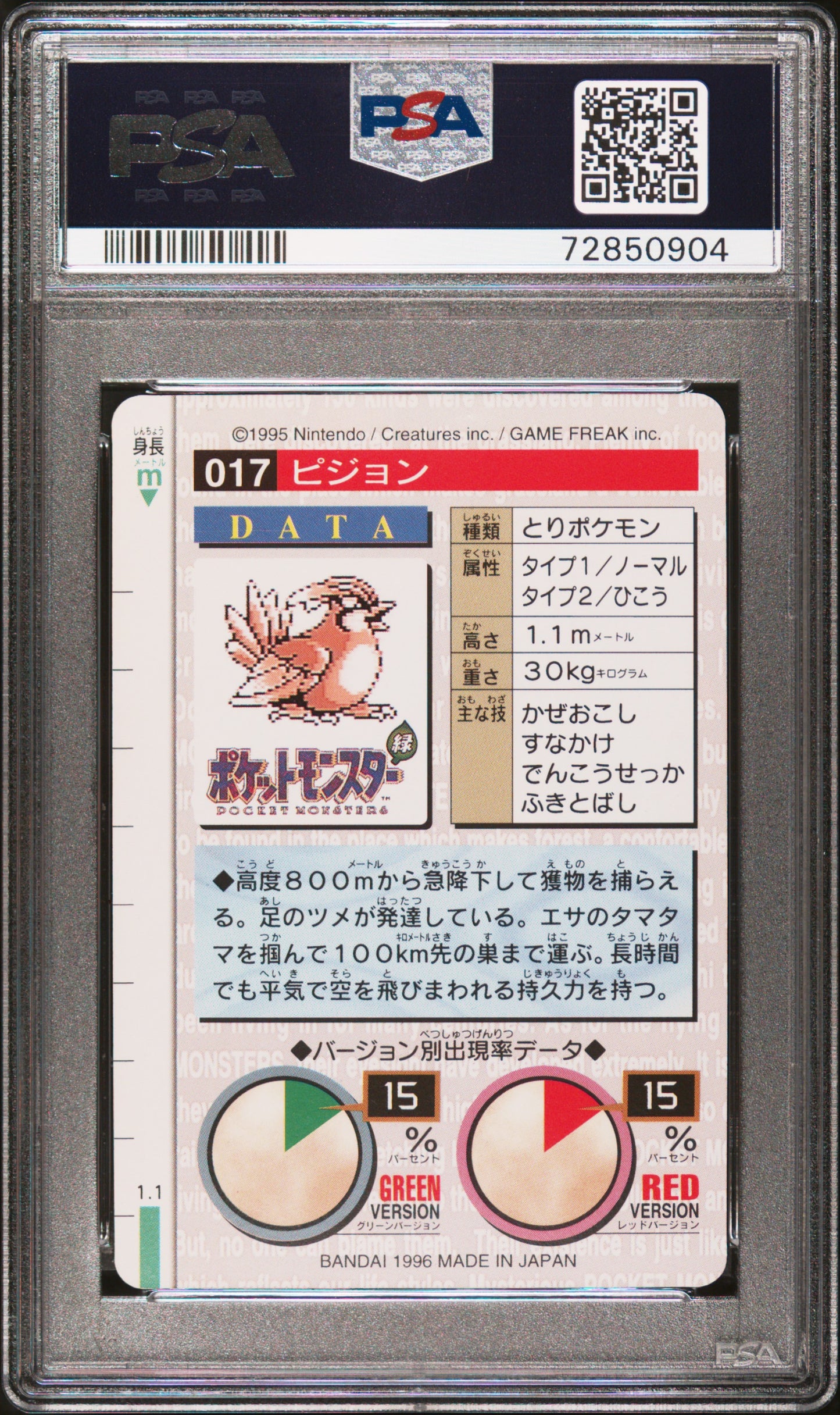 PSA 5 - Pokemon - Pidgeotto #17 - Bandai Carddass Vending (Red)